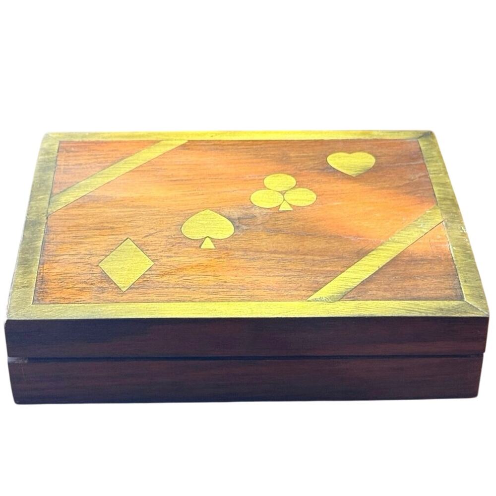 Vintage Double Deck Berlin Pattern Playing Cards Rosewood Box Brass Inlay- Read